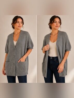 Vince Alpaca Wool Blend Oversized Cardigan Sweater Gray Short Sleeve washable L